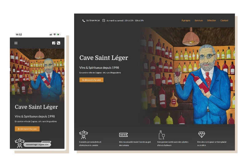 Captures d'écran de la page d'accueil du site web réalisé pour le caviste de Cognac par Mélie Lamblin